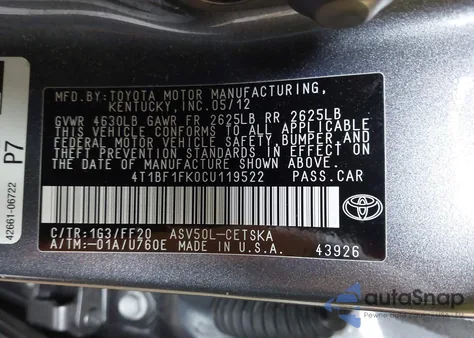 2012 Toyota Camry Se from USA, damaged, VIN 4T1BF1FK0CU119522